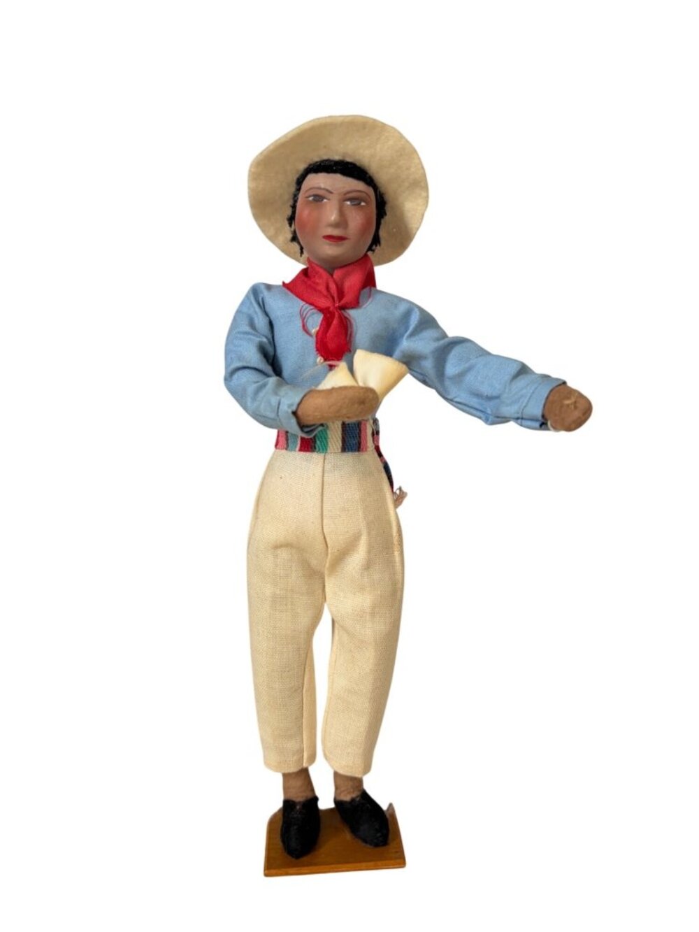 Vintage Mexican Folk Art Doll Traditional Outfit Felt Hat Red Neckerchief Stand